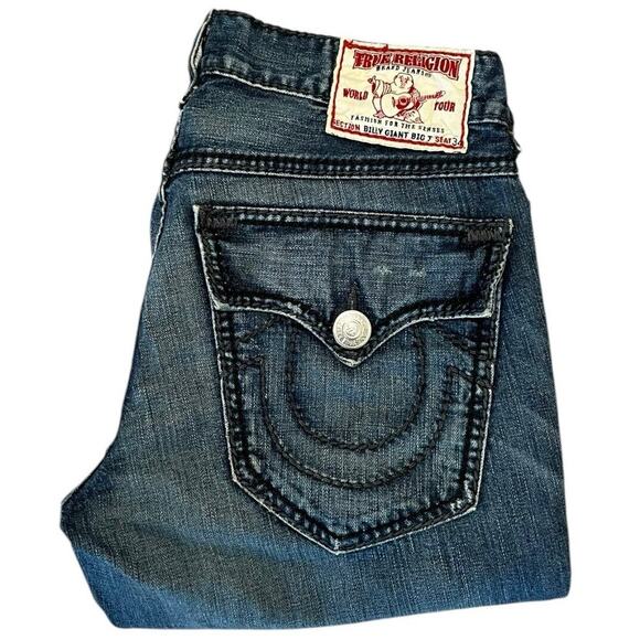 True Religion Billy Giant Big T Grey & Navy Blue Stitch Bootcut Y2K Rare Jeans - Picture 1 of 5